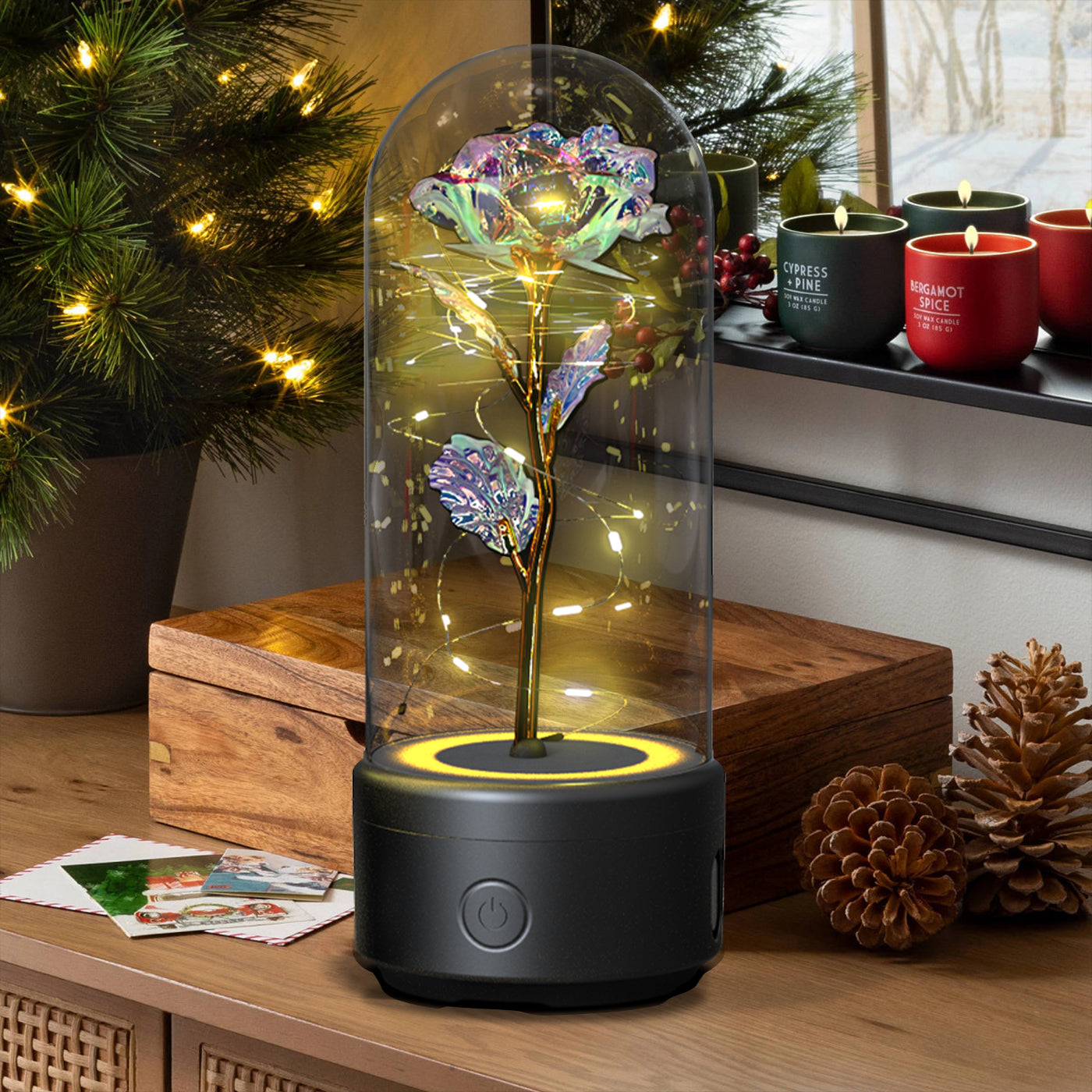 Creative 2 In 1 Rose Flowers LED Light And Bluetooth Speaker Valentine's Day Gift Rose Luminous Night Light Ornament In Glass Cover Au+hentic Sport Spot