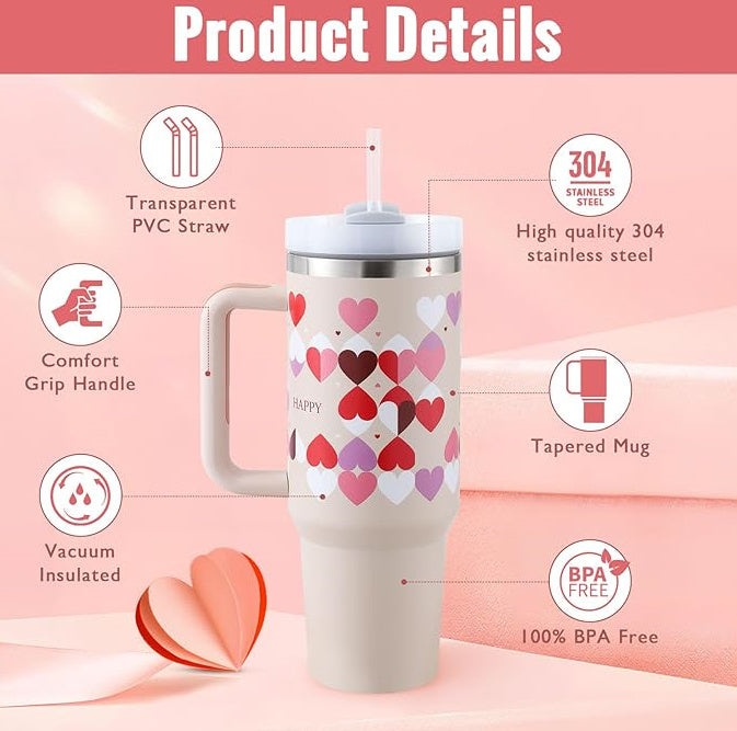40 Oz Tumbler With Handle Straw Insulated, Stainless Steel Spill Proof Vacuum Coffee Cup Tumbler With Lid Tapered Mug Gifts For Valentine Lover Suitable For Car Gym Office Travel Au+hentic Sport Spot